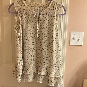 CAbi Cream and Blue Floral Ruffle Blouse
